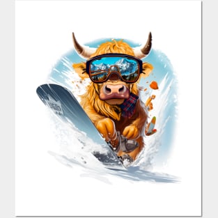 Winter sports, Highland Cow Snowboarding Posters and Art